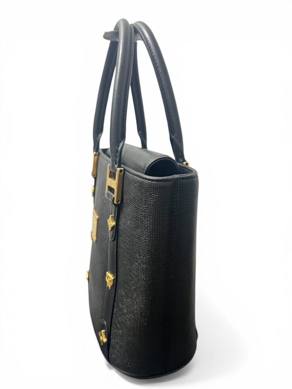 MCM Black Leather Small Bucket Bag With Gold Hardware & Logo Accents - Picture 3 of 9